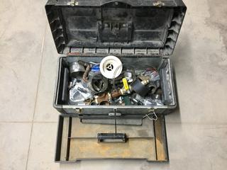 Black Plastic Tool Box Containing Assorted Plumbing Hardware.