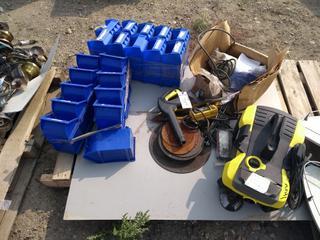 Quantity of Parts Bins, Pressure Washer, Winch Remote & Tools.