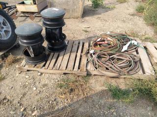 Quantity of Oxy Acetylene Hoses, Gauges, Welding Ground Clamp & Pair of Ship Stools Made of Rims.