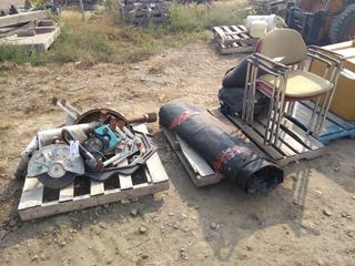 Skid Steer Door Frame, Saw Horses, Concrete Saw Parts, Chairs & Rubber Mat.