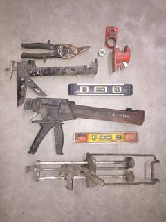 (3) Caulking Guns, (2) Small Levels & Tin Snips.