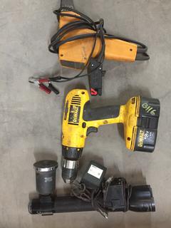 Rechargeable Flashlight, Timing Light, DeWalt Drill/Battery & Drain Pans.