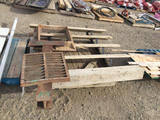 Steel Framed Wooden Steps 4'x5', Sewer Drain & Pallet of Assorted Wood.