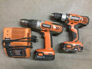 (2) Ridgid 18V Drills With (2) Batteries & Charger.