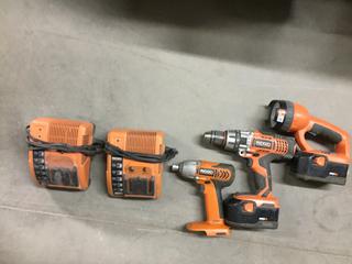 (2) Ridgid Drills, (1) Worklight, (2) Batteries & (2) Chargers.