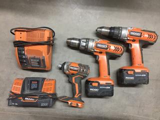 (3) 18V Ridgid Drills, (2) Batteries & Charger.