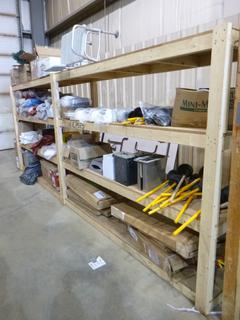 Wooden Shelving, 16' x 27" x 74 1/2", Content of Decorations, Paper Towel, Hand Sanitizer Dispensers, Plungers  Included