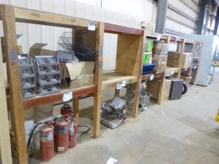 Wooden Shelving, 24' x 25 1/2" x 74", Contents of Cereal Dispensers, Mixes, Pan Carriers, Meat Cutters and Furnace Filters Included