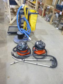 (2) Henry Vacuums, (1) Storm Duel Speed Floor Finishing Machine, (1) Janitorial Cart