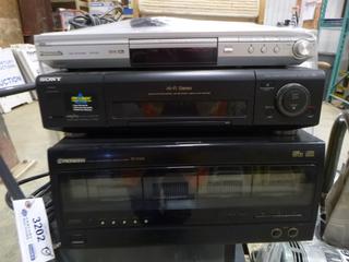 (1) Panasonic DVD Player -VABLF003233, (1) Sony Cassette Recorder w/ Remote -SLV-790HF, Pioneer Disc Player - POF904