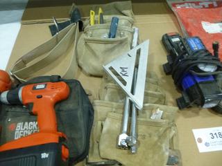 Black and Decker Drill and Driver c/w Charger, Tool Pouches and Belts, 1/2" Power Bars, 12V Air Comp, Dewalt Charger and Battery, Craftsman Charger and Battery, Hilti Supply Cord 4M (E5-21)
