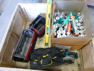 Assortment of Sealants and Adhesives, Makita Circular Saw, (3)  4' Levels, (3) Tool Pouches (W4-4,3)