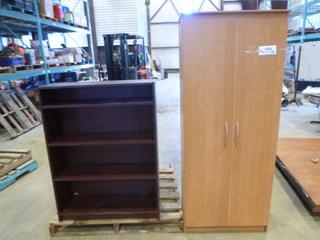 2 Door Wardrobe, 6'H x 30"W x 20 1/2"L, 4 Tier Bookcase, 48"H x 36"W x 12"L