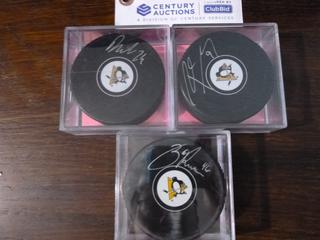 (3) Signed Pittsburgh Penguins Pucks, Dominik Kahun, Pascal Dupuis and Zack Aston-Reese.  All C.O.A. From Frozen Pond