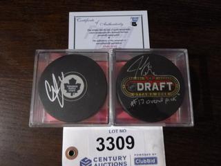 Jake Gardiner Signed 2008 Draft Puck, Inscribed "#17 Overall Pick" C.O.A. by Frozen Pond.  Cody Franson Toronto Maple Leafs Signed Puck.  C.O.A. by Sports Memorabilia