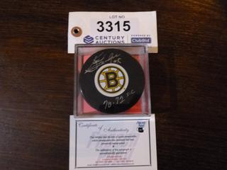 Ken Hodge Boston Bruins Signed Puck.  C.O.A. From Frozen Pond.  Inscribed "70-72 S.C"