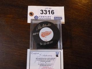 Alex Delvecchio Signed Detroit Red Wings Puck.  C.O.A. From Frozen Pond.  Inscribed "HOF-77" and "SC-52-54-55"