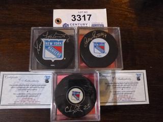 (3) New York Rangers Signed Pucks.  C.O.A. From Frozen Pond.  Lou Fontinato, Chris Kontos and Jean Ratelle