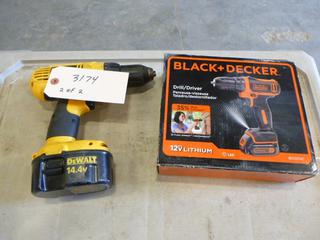 Unused Black and Decker 12V Lithium Drill Driver 3/8 Chuck c/w Battery and Charger, Dewalt Drill 14.4V c/w Battery, No Charger* (G1)