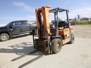 Toyota 02-5FG30 Forklift C/w LPG and Gas capability, 3 Stage Mast, Side-shift, 4700Lb Capacity, 48in Standard forks, 28x9-15 Front Tires, 6.50-10 Rear Tires, Showing 5647Hrs. SN:11058 *Note: Item Cannot Be Removed Until Noon Friday September 18th Unless Mutually Agreed Upon*