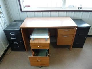 48in X 24in X 29 1/2in Desk C/w (2) 18in X 14in X 27in Filing Cabinets And (1) 19 1/2in X 16in X 27in Portable Filing Cabinet