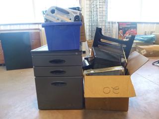 Qty Of Office Supplies, 3-Hole Punches, 3-Drawer Cabinet, Staplers And Misc Supplies