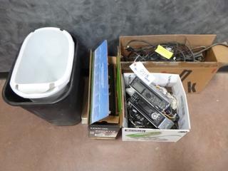 Qty Of Electronics And Supplies Includes: Clarion Radio (Missing Dial), Dual Radio (Missing Face Plate), Scanners, Assorted Power Cords, Lenmark E260 Toner Cartridge And Office Supplies