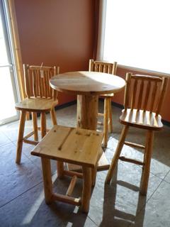 30in X 30in X 41in Wood Table C/w (3) Wood Chairs And (1) 20in X 18in X 24in End Table