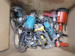 Makita 115V 1/2in Impact, Makita 115V Sander-Grinder, Dewalt 12V 1/2in Cordless Drill, 1/2in Pneumatic Impact, Makita 120V Shear, CP Pneumatic Impact, CP 1/4in Pneumatic-Hydraulic Riveter, Pneumatic Drill And Pneumatic Nail Gun