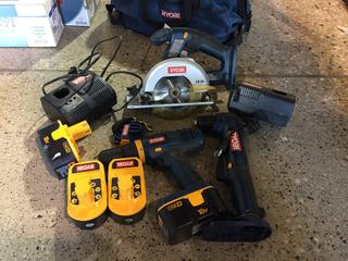 Ryobi 1-3/8" Drill, Angle Head Driver, Circular Saw, (4) Batteries & (2) Chargers.