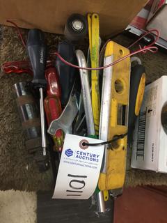 Assorted Hand Tools, Wrenches, Scraper, Torpedo Level, Hammer Wrench, Etc.