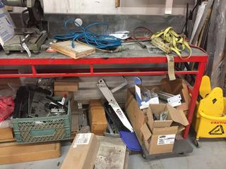 Metal Work Bench, 4'H x 16'W x 2'D, Contents Not Included. Note:  Buyer Responsible For Dismantling, Lifting & Loading. Items Must Be Removed by August 28, 2020, 4:00 PM.  Items Left Onsite After August 28, 2020 Will Be Considered Abandoned.