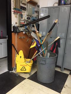 Assorted Brooms, Mops, Shovels, Bucket, Etc.