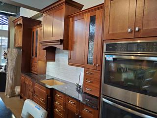 Dk. Oak Color Gallery Style Kitchen Cabinet w/ Matching Island, w/ Blk 1 1/4" Stone Top (See Pics for Sizing & Details)