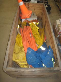 Crate of Traffic Cones, First Aid Kits, Rainslickers, Coveralls, Collapsable Gurney/Stretcher.