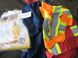 Smock. (3) Unused Reflective Safety Vests. (3) XL Long Ride Ram Coats.