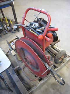 Pallet of Banding Equipment, Box of Clips, (2) Banding Carts.