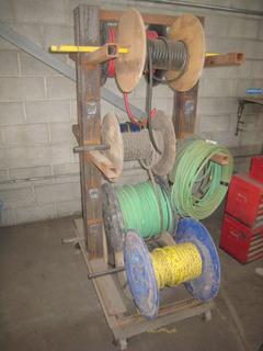 Metal Rolling Rack. 72 x 48 x 29. w/ Miscellaneous Rolls of Rope Oxy Hose, Act Hose Welding Cable Electrical