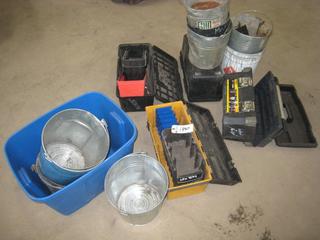 Quantity of Assorted Tool Boxes, Galvanized Pails, Plastic Bins.