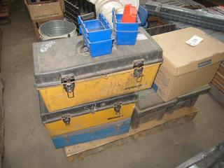 Pallet of Assorted Plastic Bins, Pails, Tool Boxes.