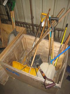 Crate of Assorted Yard Tools, Garbage Cans, Shovels, Brooms, Squeegee's.