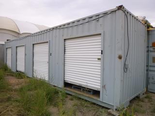 40' HC Storage Container EMCU 932377. c/w 4 Compartments, Metal Roll Up Side Doors. CONTENTS NOT INCLUDED. Note:  Not Available For Pick Up Until September 14th or Agreed Upon Date, Note:  Buyer Responsible For any Dismantling, Lifting & Loading.