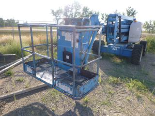 Genie Z45/25J Articulating Boom Lift c/w 355/55 D625 Tires. Showing 5075 Hours. S/N 2452502-26165. Tested, working condition. gas/propane fuel source selection. Propane leak. Starts w/ boost but only stays running for a few seconds, possibly due to bad/old gas