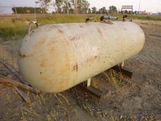 Tank with Level Gauge on I Beam Stand 500Gal w/ Valves. Note:  Buyer Responsible For any Dismantling, Lifting & Loading.