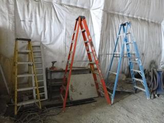 (6) Ladders and Rack w/ Contents and Plastic Table. 