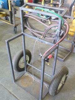 Metal Dual Cylinder Cart w/ Basket, Hose, and Contents 20"x 30"x 42". 