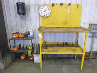 Metal Bench 27"x 50"x 6' and Shelf 11"x 27"x 32" w/ Contents. Buyer Responsible for Removal. 