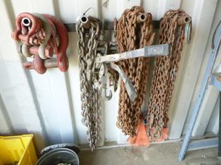 Contents of Shelf. Clevis, Ratchet Come-Alongs, and Chain w/ Hooks. 