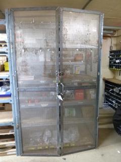 Metal Cage w/ Shelves 25"x 51"x 84", Contents not Included. Buyer Responsible for Removal, Not Available for Pickup Until Final Day. 