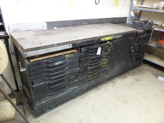 Metal Work Bench w/ Contents 24"x 38"x 100". Buyer Responsible for Removal. 